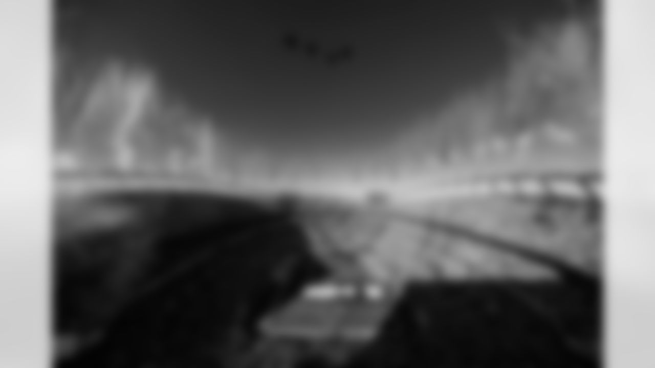 A general overall view of Empower Field at Mile High as four F-35s do a flyover with fireworks going off during the national anthem before the Broncos' Week 11 game against the Kansas City Chiefs at Empower Field at Mile High in Denver, Colorado on November 16, 2025. Photo by Gabriel Christus / Denver Broncos