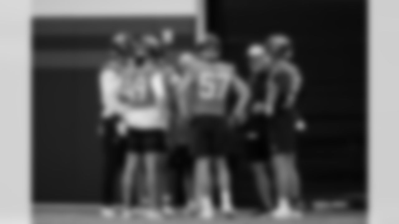 Justin Strnad, Alex Singleton, Kristian Welch, Cody Barton and Greg Manusky during practice at Broncos Park Powered by CommonSpirit in Englewood, Colorado on September 6, 2024. Photo by Ben Swanson / Denver Broncos