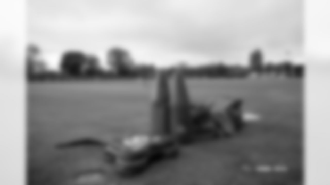 A general view of the field and equipment before practice at Tottenham Hotspur Football Club Training Ground in Enfield, England on October 8, 2025. Photo by Ben Swanson / Denver Broncos