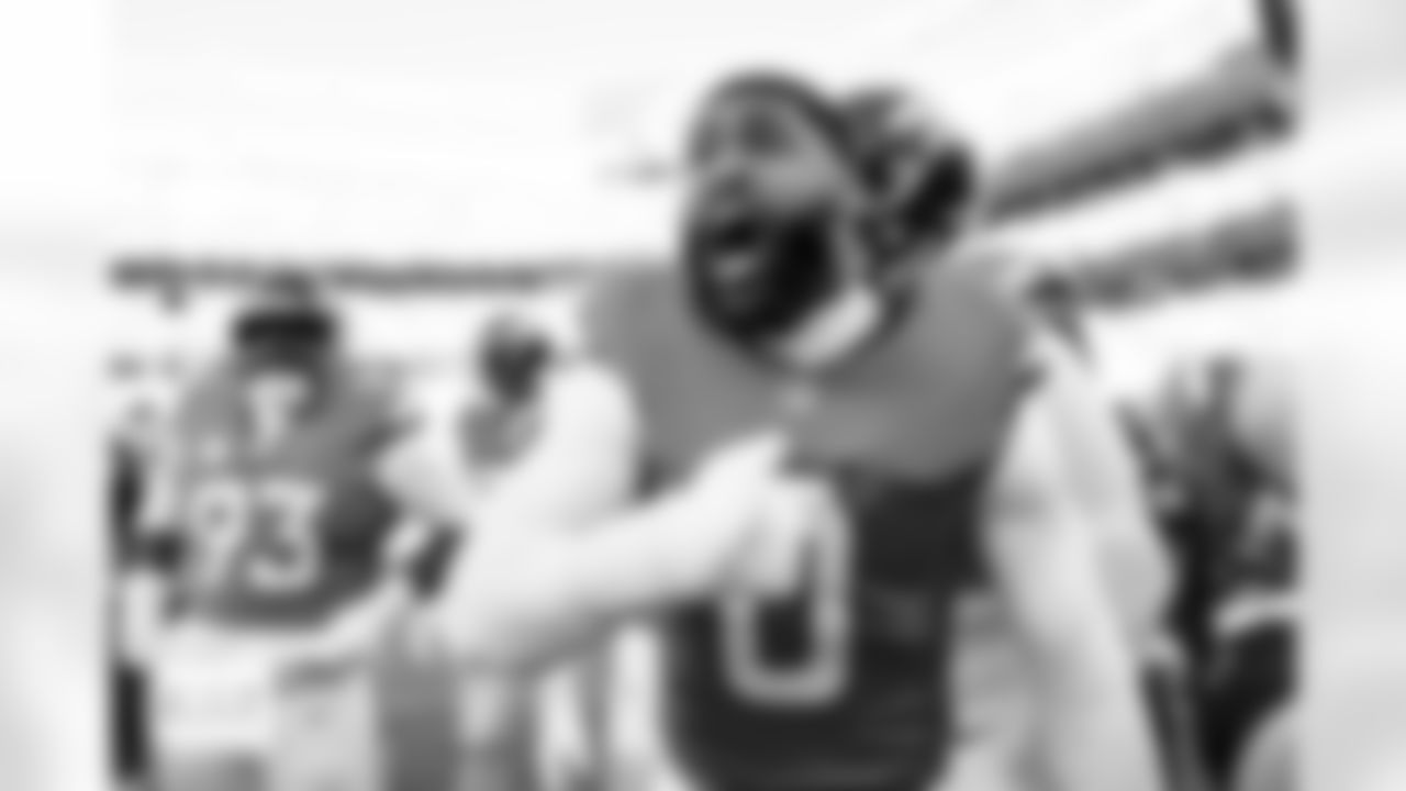 Denver Broncos linebacker Jonathon Cooper (0) gives a pregame speech before the Broncos' Divisional Round playoff game against the Buffalo Bills at Empower Field at Mile High in Denver, Colorado on January 17, 2026. Photo by Ben Swanson / Denver Broncos