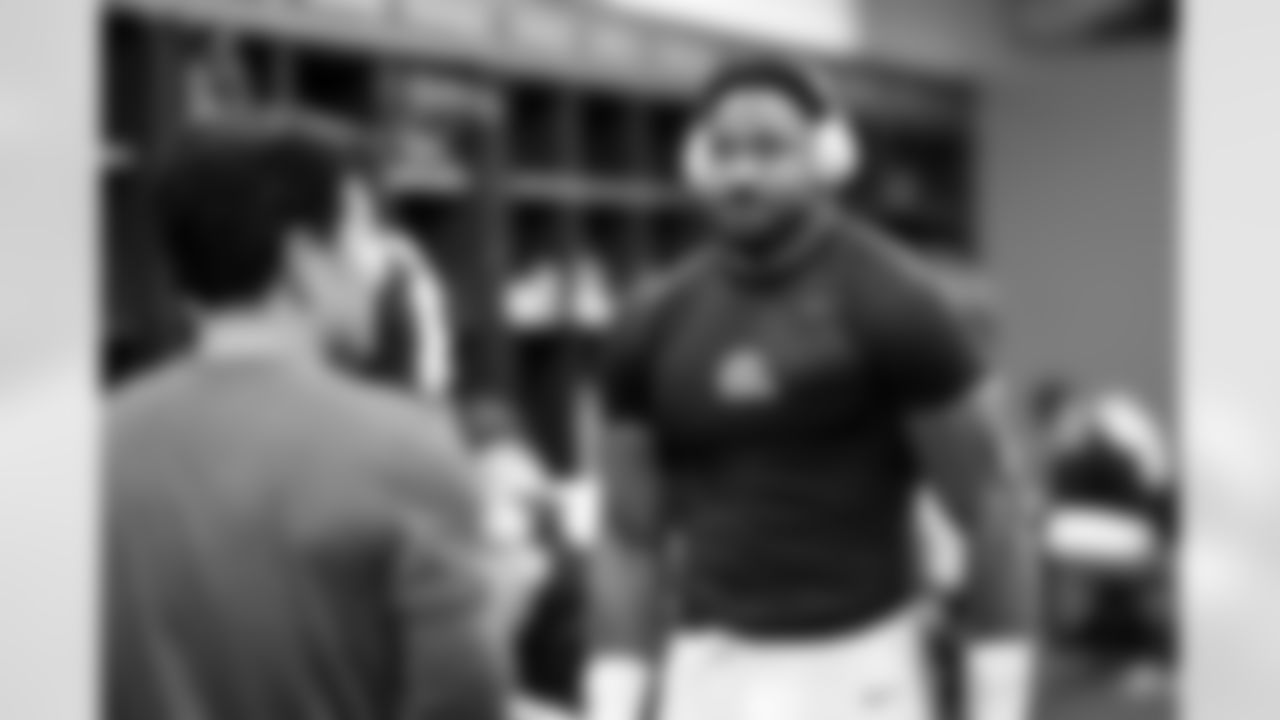 Defensive end Myles Garrett (95) before a NFL football game between the Buffalo Bills and Cleveland Browns on December 21, 2025 at Huntington Bank Field.