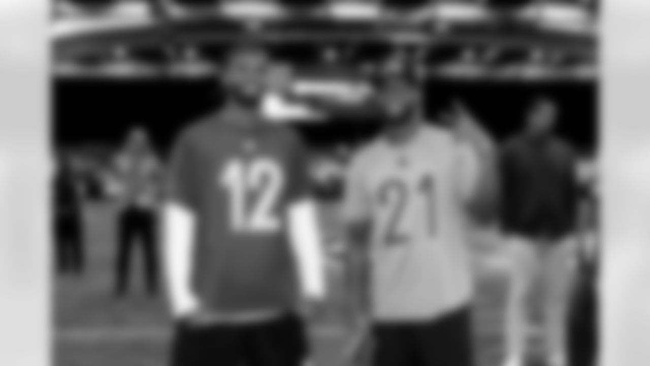 Quarterback Shedeur Sanders (12) and Cornerback Denzel Ward (21) during the first AFC Pro Bowl Practice at the Moscone Center in San Francisco on February 1, 2026.