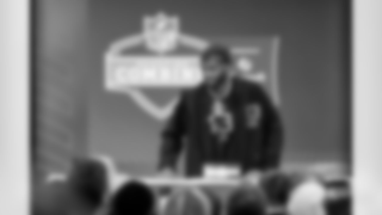 Quarterback Shedeur Sanders, Colorado, speaks to the media during his availability at the 2025 NFL Combine in Indianapolis, Indiana on February 28, 2025.