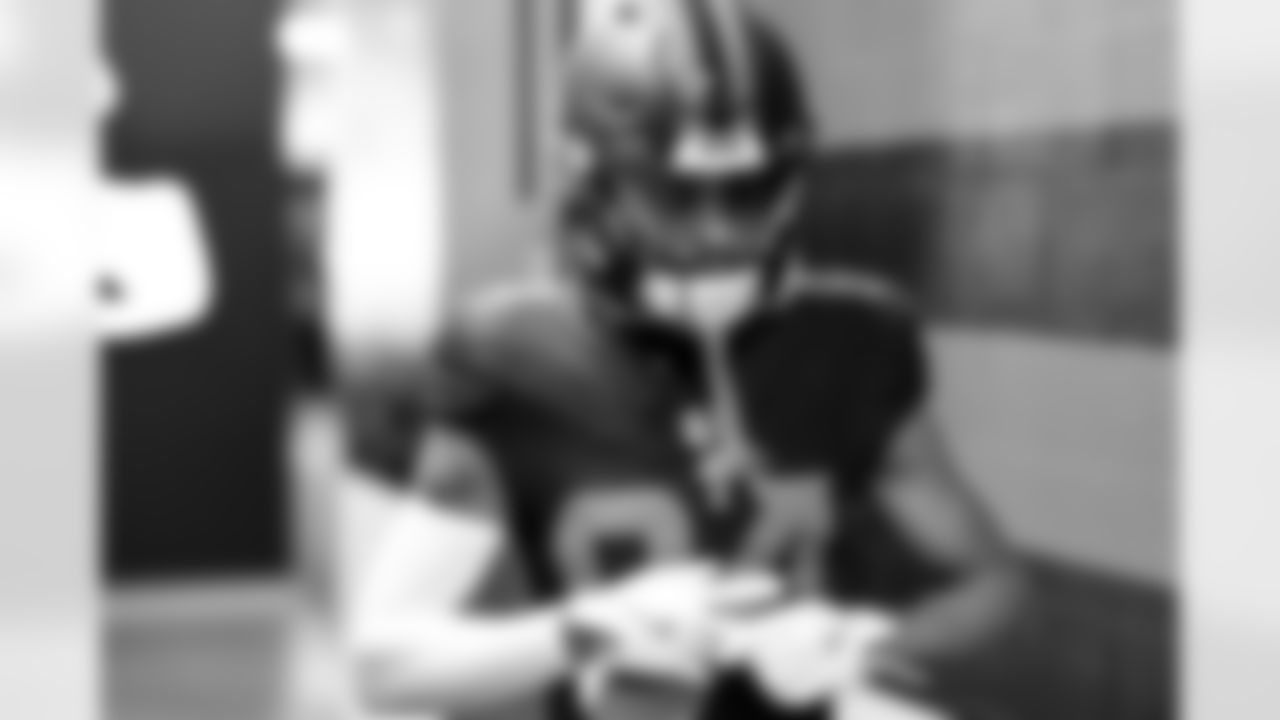 Wide receiver Gage Larvadain (84) before a NFL football game between the Tennessee Titans and Cleveland Browns on December 7, 2025 at Huntington Bank Field.