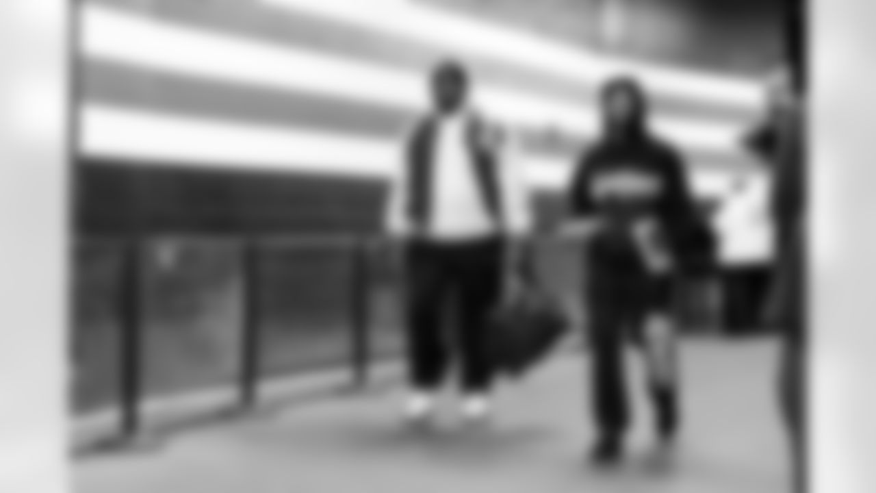 Offensive tackle Jeremiah Byers (63) and Wide receiver Jamari Thrash (80) before a NFL football game between the Pittsburgh Steelers and Cleveland Browns on December 28, 2025 at Huntington Bank Field.