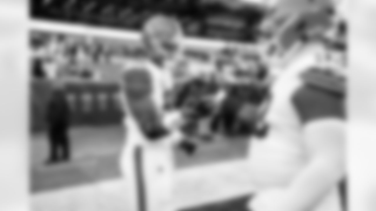 Defensive end Myles Garrett (95) and Defensive tackle Shelby Harris (93) before a NFL football game between the Cleveland Browns and Chicago Bears on December 14, 2025 at Soldier Field.