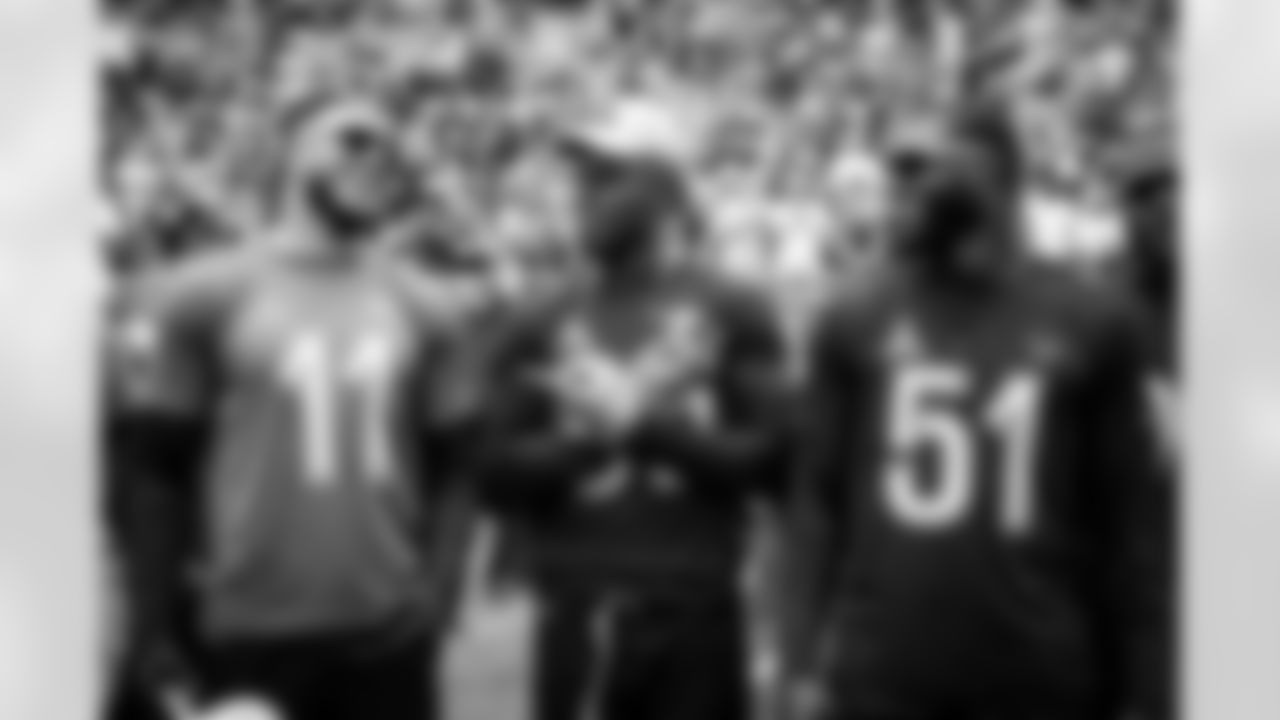 Jets Linebacker Jermaine Johnson II (11), Tight end David Njoku (85) and Texans Defensive end Will Anderson Jr. (51) before the 2024 Pro Bowl Games at Camping World Stadium in Orlando on February 4, 2024.
