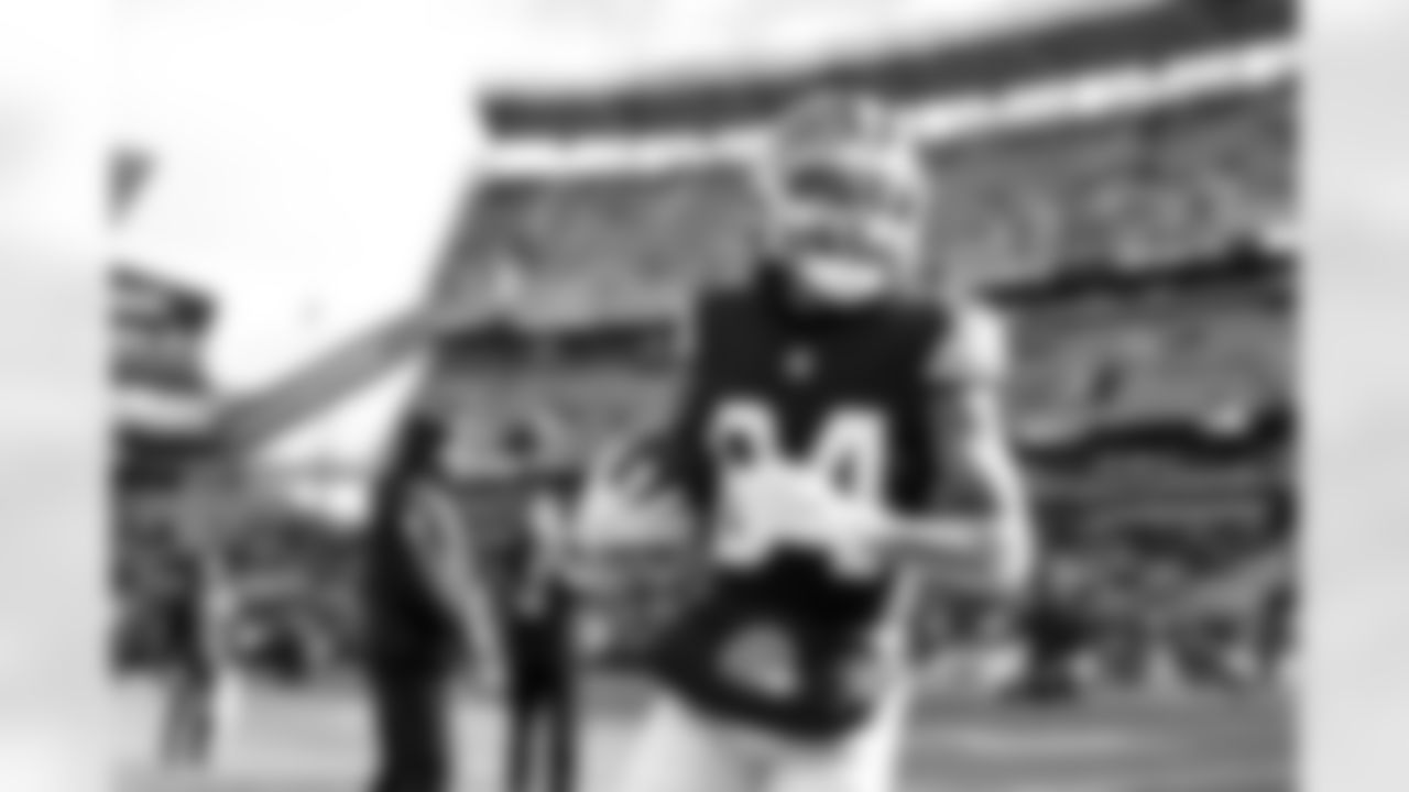 Wide receiver Gage Larvadain (84) before a NFL football game between the Buffalo Bills and Cleveland Browns on December 21, 2025 at Huntington Bank Field.