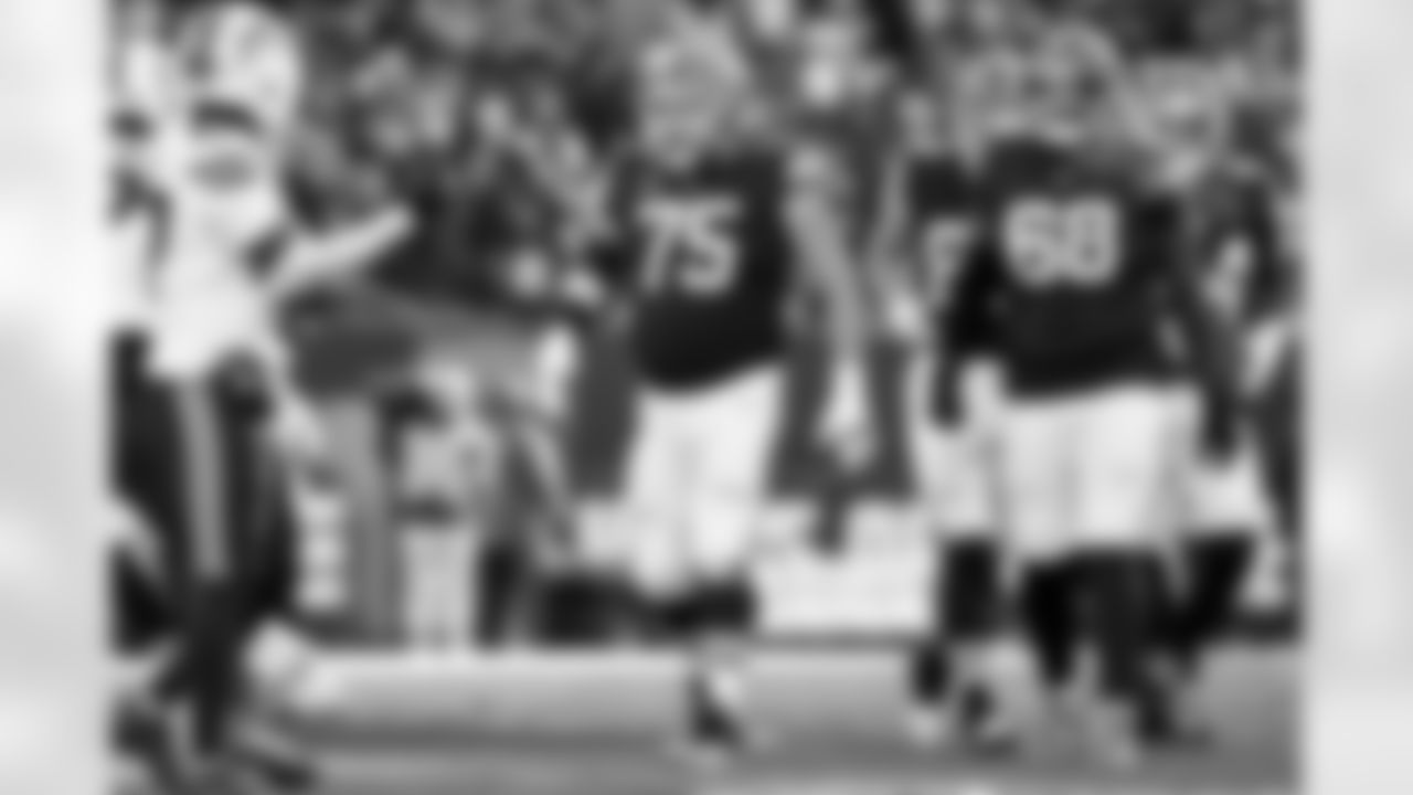 Offensive guard Joel Bitonio (75) and Offensive tackle Cam Robinson (68) during a NFL football game between the Buffalo Bills and Cleveland Browns on December 21, 2025 at Huntington Bank Field.