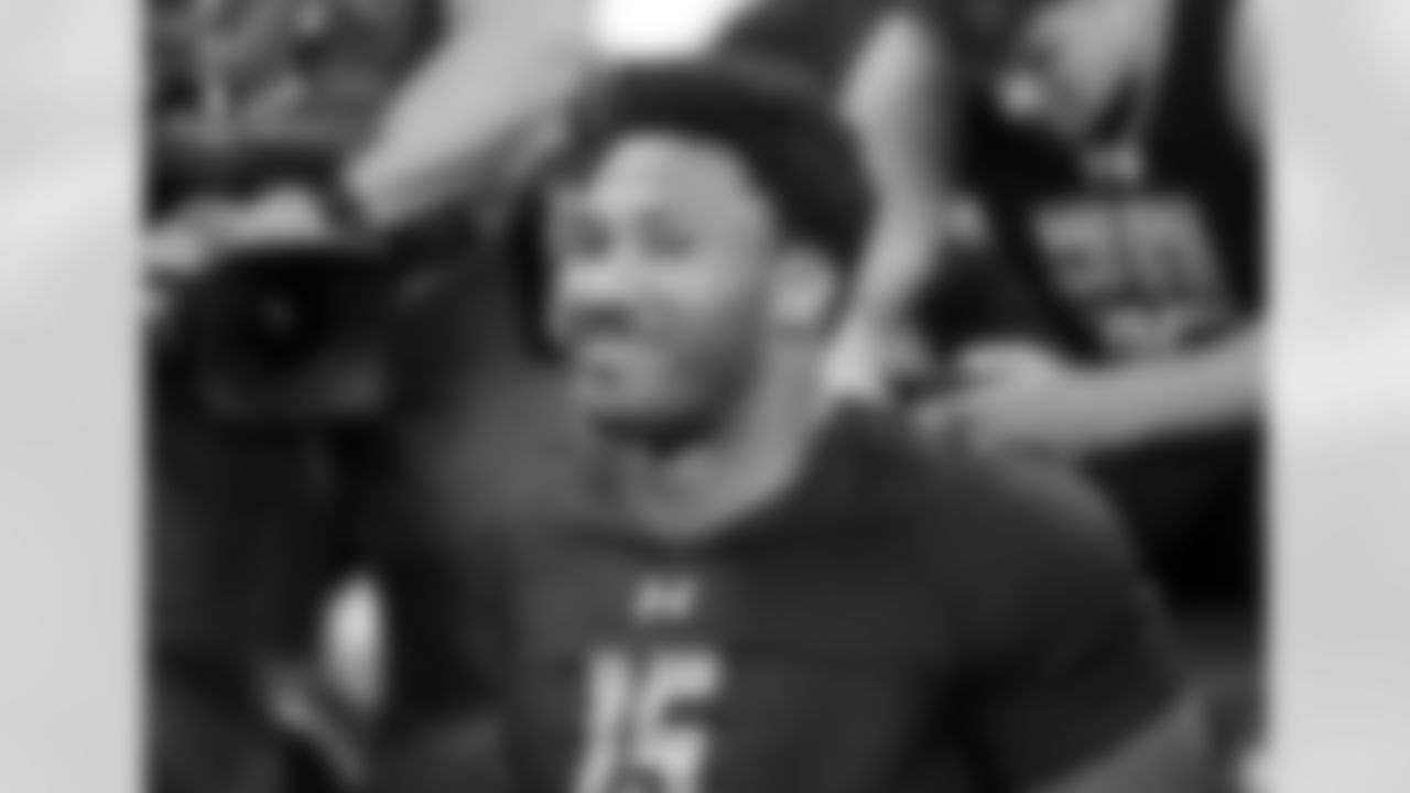 Texas A&M defensive end Myles Garrett looks on during the 2017 NFL Scouting Combine at Lucas Oil Stadium on Sunday, March 5, 2017 in Indianapolis. (Ben Liebenberg via AP)