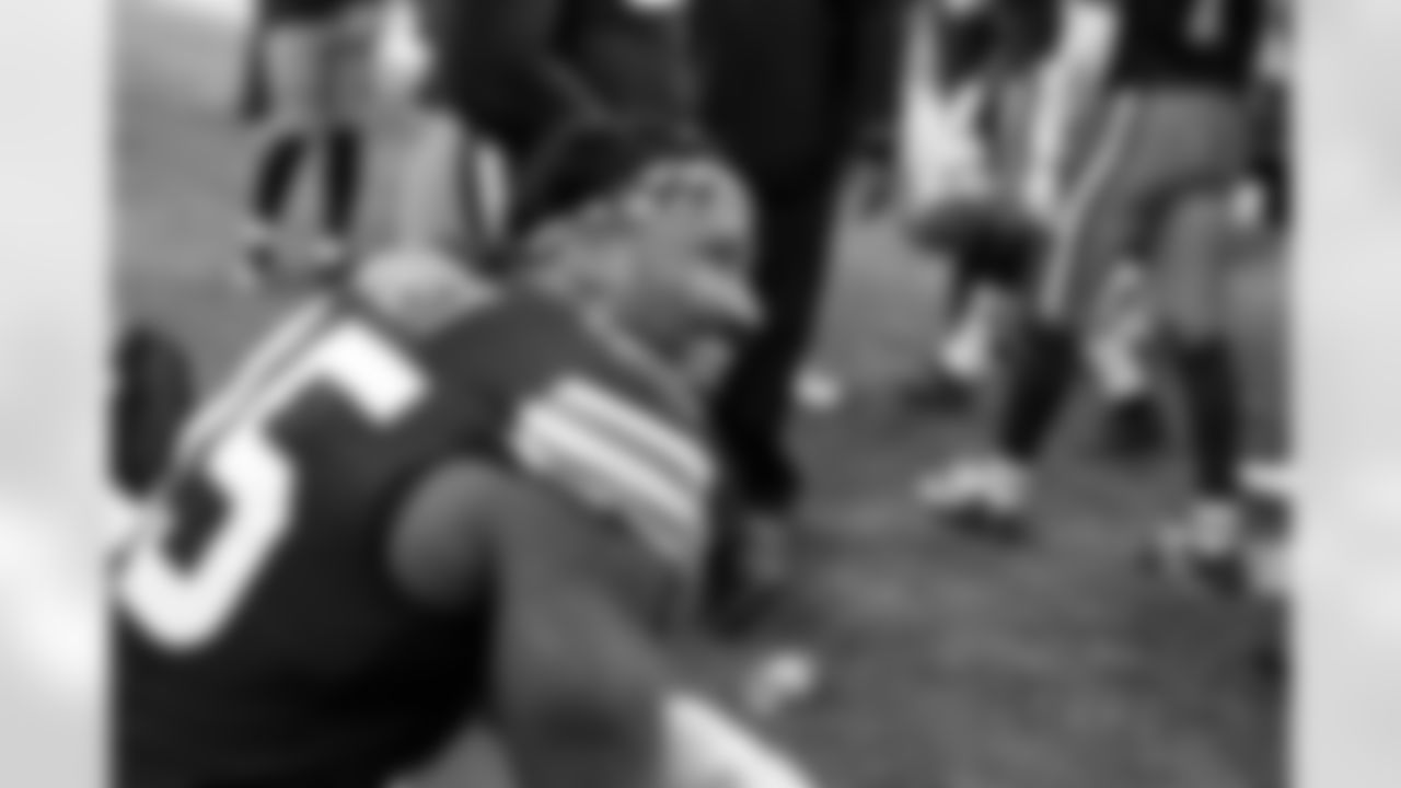 The Browns celebrate after a NFL football game between the Pittsburgh Steelers and Cleveland Browns on December 28, 2025 at Huntington Bank Field.