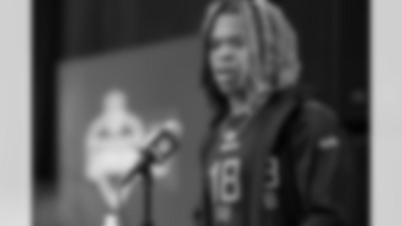 Ohio State running back Quinshon Judkins speaks during a press conference at the NFL football scouting combine Friday, Feb. 28, 2025, in Indianapolis. (AP Photo/George Walker IV)