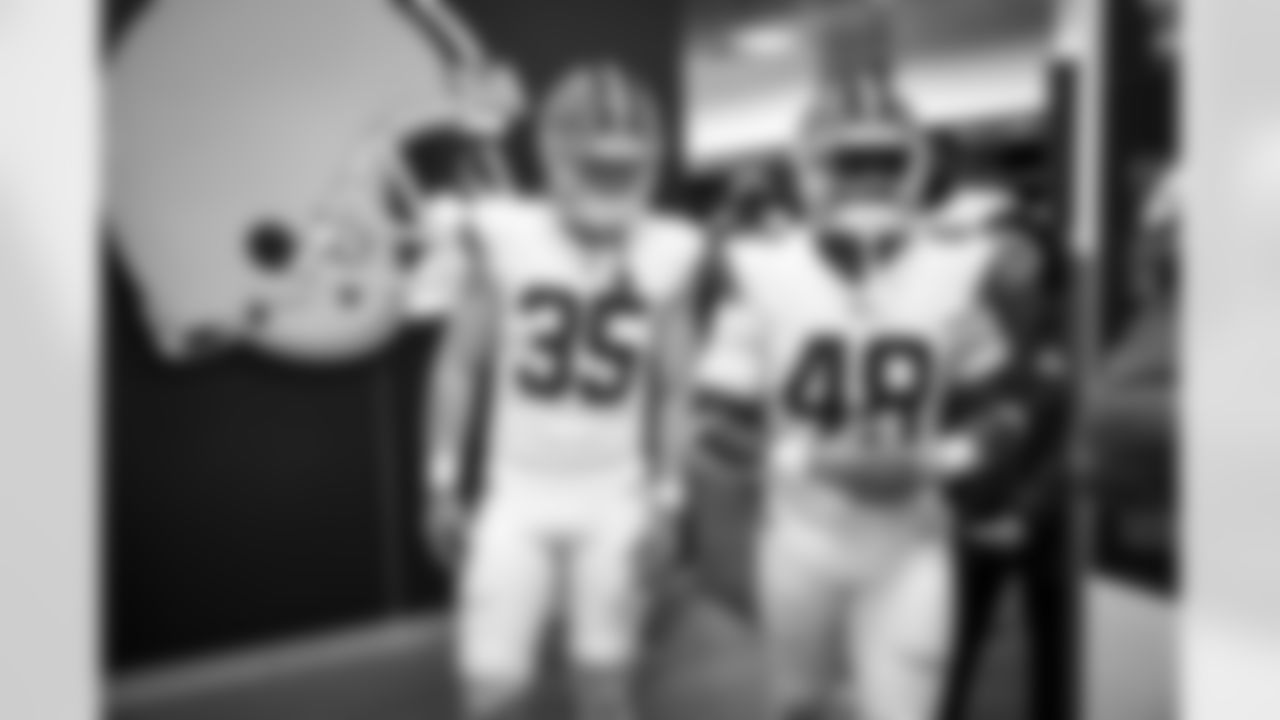 Linebacker Landon Honeycutt (35) and Linebacker Caleb Johnson (48) before a preseason NFL football game between the Minnesota Vikings and Cleveland Browns on August 17, 2024 at Cleveland Browns Stadium.