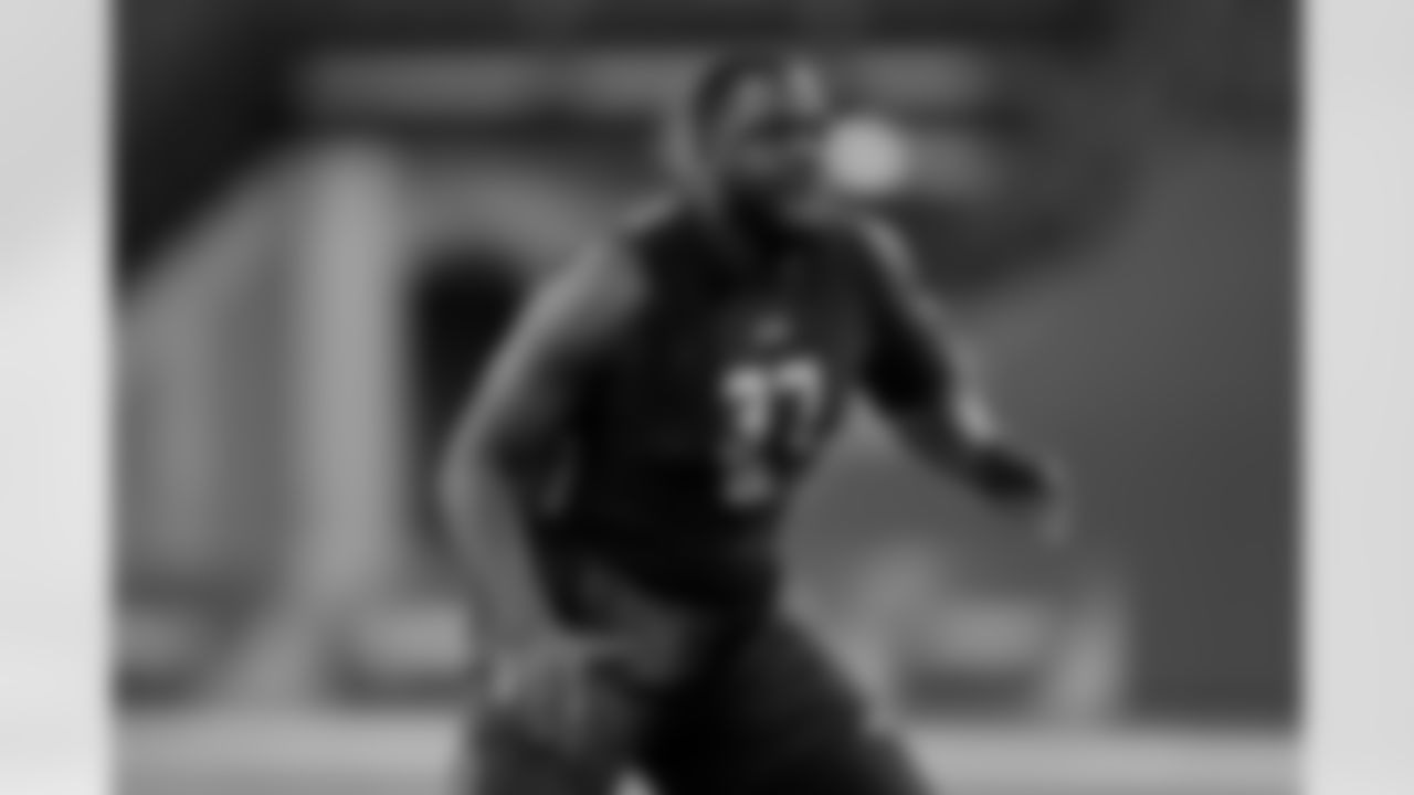 FILE - In this March 3, 2017, file photo, Alabama offensive lineman Cam Robinson runs a drill at the NFL football scouting combine in Indianapolis. The Minnesota Vikings were ultimately done in last season by a decimated offensive line. The draft this year won't be a quick fix for them or any of the other teams around the league lacking in proven, quality blockers, with a comparatively weak class of rookie offensive linemen entering the league. Development at this critical position has become a lot more difficult. (AP Photo/Michael Conroy, File)