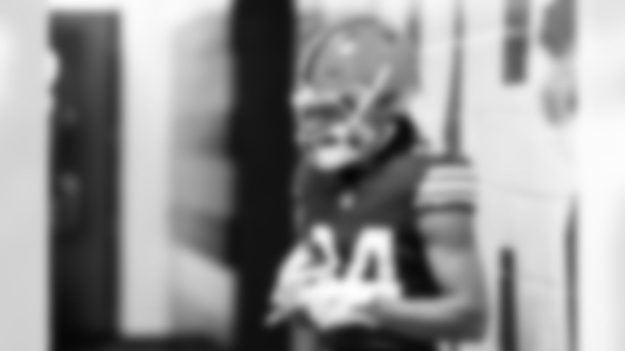 Wide receiver Gage Larvadain (84) before a NFL football game between the Buffalo Bills and Cleveland Browns on December 21, 2025 at Huntington Bank Field.