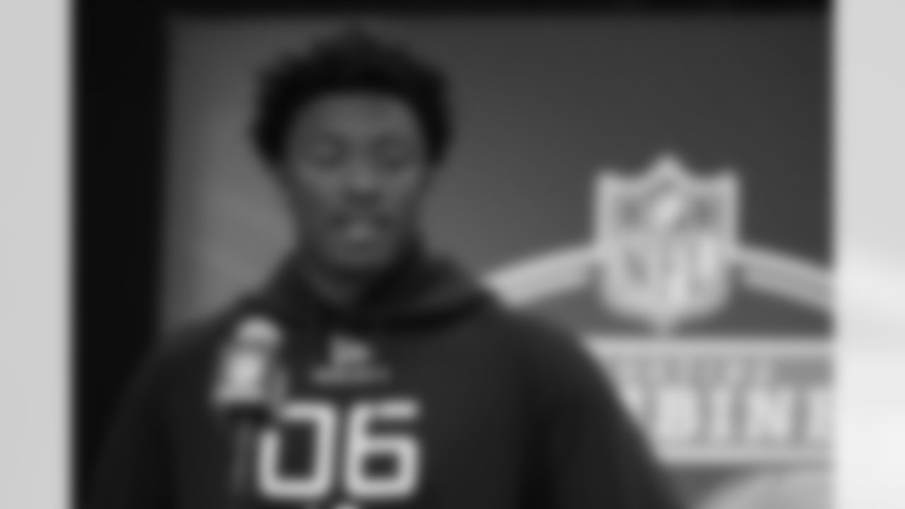 Clemson linebacker Barrett Carter speaks during a press conference at the NFL football scouting combine in Indianapolis, Wednesday, Feb. 26, 2025. (AP Photo/Michael Conroy)