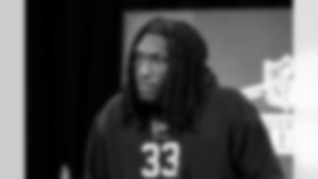 Defensive lineman Jaisawn Barham, Michigan, speaks to the media at the 2026 NFL Combine on February 25, 2026 in Indianapolis, Indiana.