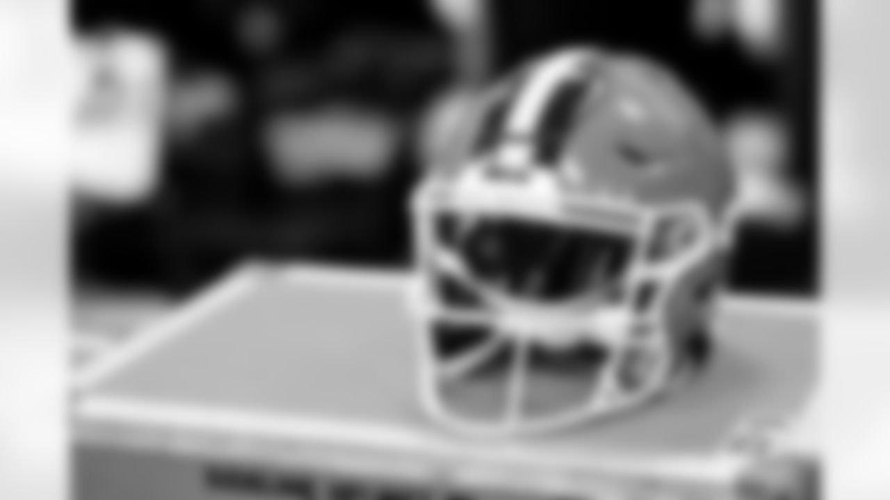 A helmet before a preseason NFL football game between the Cleveland Browns and Carolina Panthers on August 8, 2025 at Bank of America Stadium.
