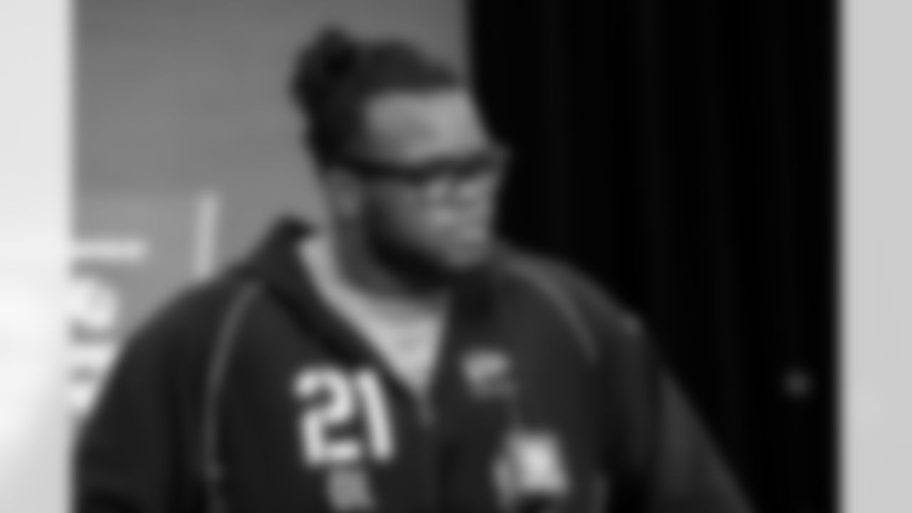 Defensive lineman Kayden McDonald, Ohio State, speaks to the media at the 2026 NFL Combine on February 25, 2026 in Indianapolis, Indiana.