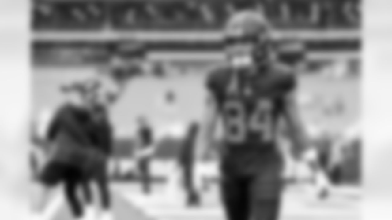 Wide receiver Gage Larvadain (84) before a NFL football game between the Miami Dolphins and Cleveland Browns on October 19, 2025 at Huntington Bank Field.
