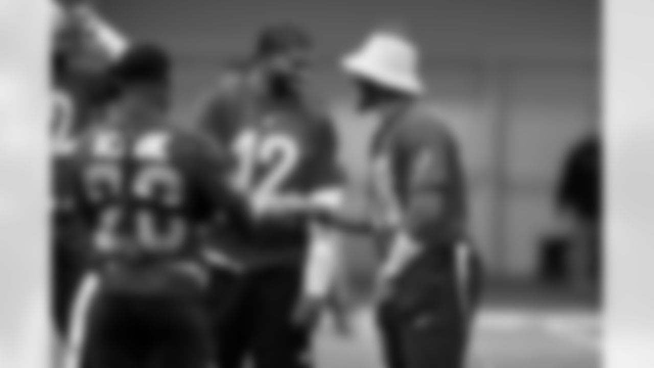 Quarterback Shedeur Sanders (12) and Colts Running back Jonathan Taylor (28) during the first AFC Pro Bowl Practice at the Moscone Center in San Francisco on February 1, 2026.