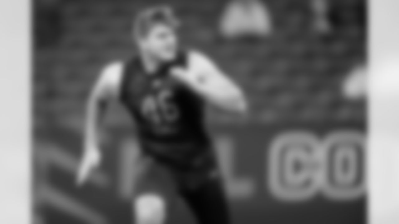 San Diego State defensive lineman Cameron Thomas (46) participates in a drill at the NFL football scouting combine, Saturday, March 5, 2022 in Indianapolis. (Ben Liebenberg via AP)