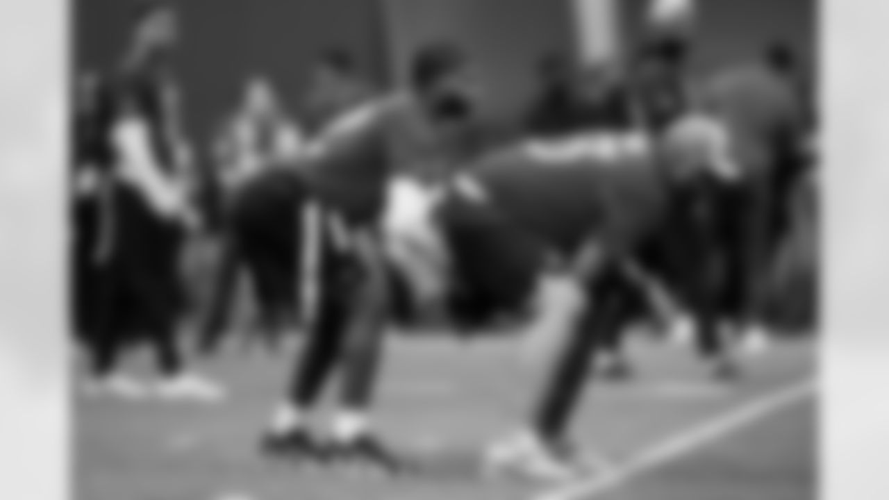 Quarterback Shedeur Sanders (12) and Bills Tackle Dion Dawkins (73) during the first AFC Pro Bowl Practice at the Moscone Center in San Francisco on February 1, 2026.