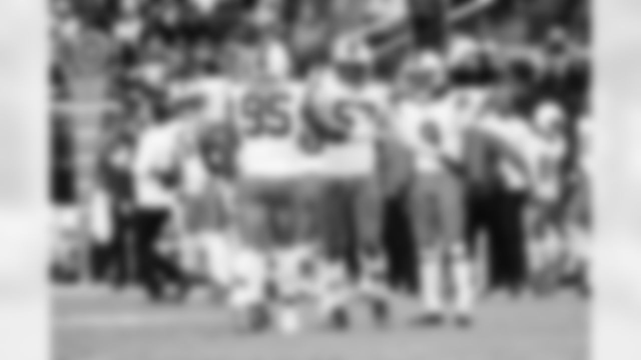 Defensive end Myles Garrett (95) and Defensive end Isaiah McGuire (57) during a NFL football game between the Cleveland Browns and Las Vegas Raiders on November 23, 2025 at Allegiant Stadium. The Browns won 24-10.