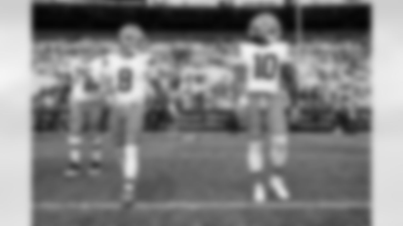 Offensive guard Joel Bitonio (75),Quarterback Dillon Gabriel (8), and Running back Quinshon Judkins (10) before a NFL football game between the Cleveland Browns and Pittsburgh Steelers on October 12, 2025 at Acrisure Stadium.