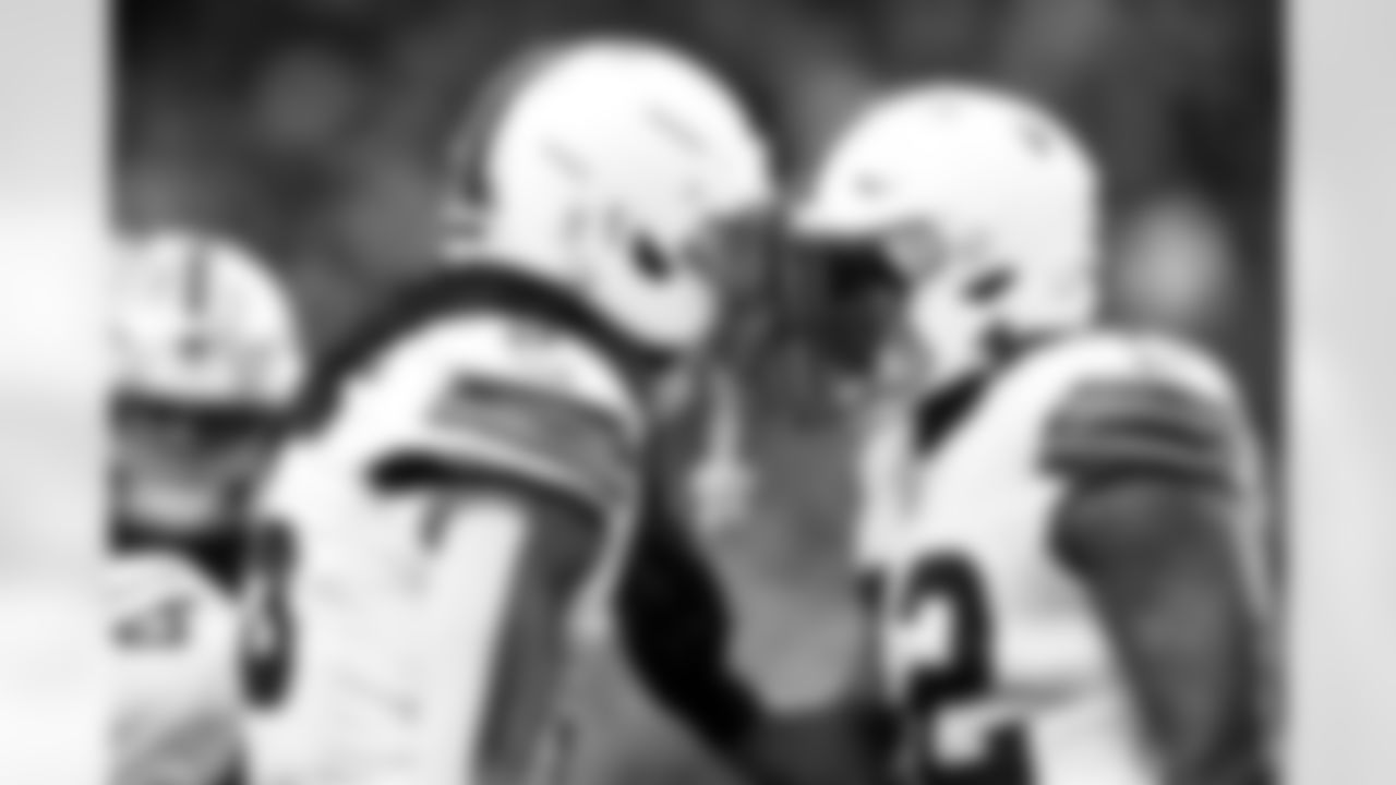 Safety Rayshawn Jenkins (5) and Linebacker Easton Mascarenas-Arnold (42) during a NFL football game between the Cleveland Browns and Las Vegas Raiders on November 23, 2025 at Allegiant Stadium.