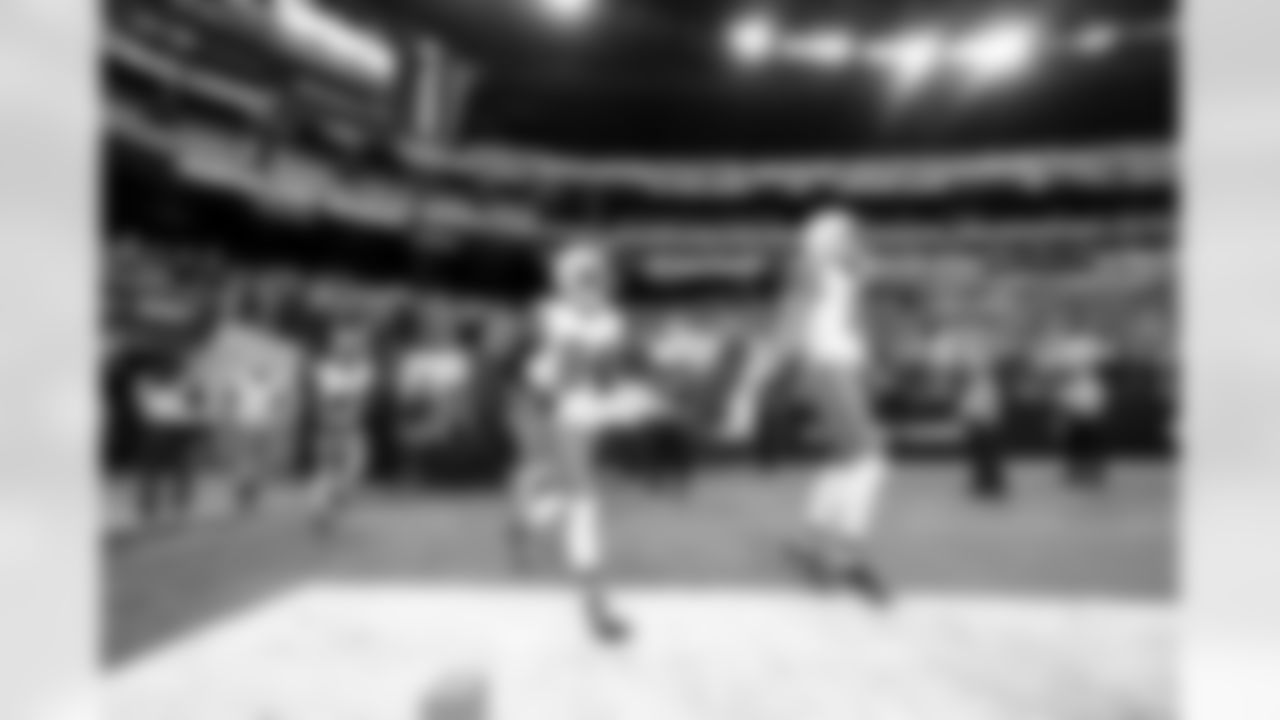 Wide receiver Gage Larvadain (84) and Wide receiver Cedric Tillman (19) before a NFL football game between the Cleveland Browns and Las Vegas Raiders on November 23, 2025 at Allegiant Stadium.