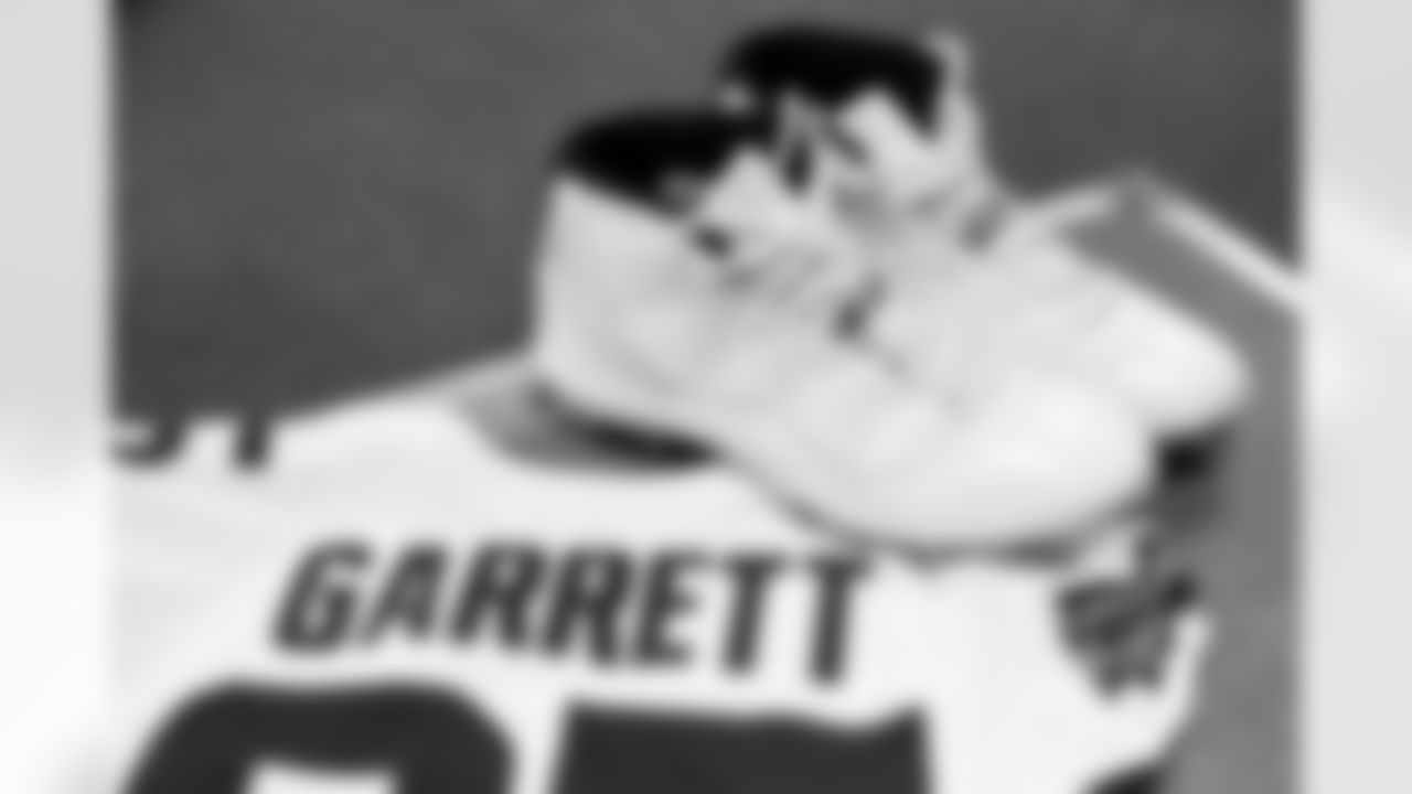 Defensive end Myles Garrett's jersey and cleats before a NFL football game between the Cleveland Browns and Cincinnati Bengals on January 4, 2026 at Paycor Stadium. The Browns won 20-18.