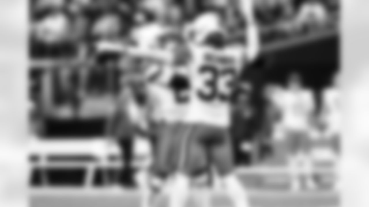 Cornerback Denzel Ward (21) and Safety Ronnie Hickman Jr. (33) during a NFL football game between the Cleveland Browns and Las Vegas Raiders on November 23, 2025 at Allegiant Stadium.