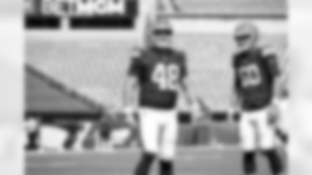 Long snapper Brent Matiscik (48) and Long snapper Rex Sunahara (50) before a preseason NFL football game between the Cleveland Browns and Philadelphia Eagles on August 16, 2025 at Lincoln Financial Field.