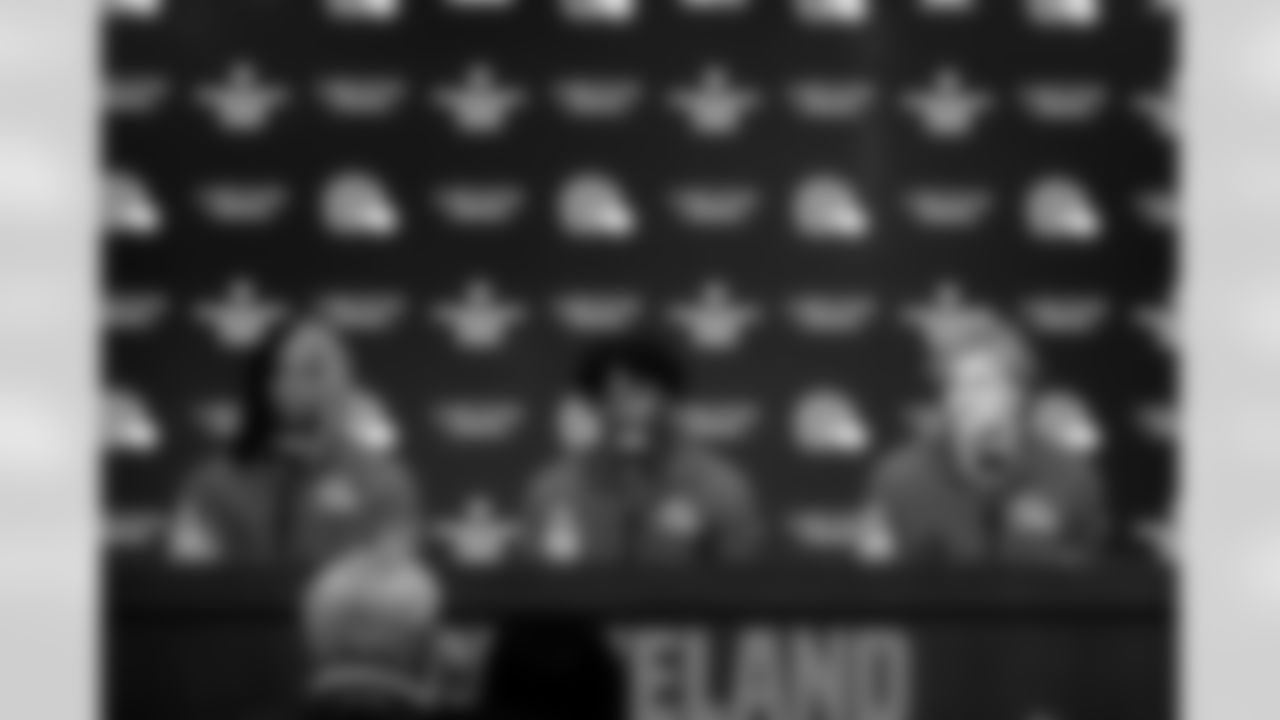 Browns second round pick Quinshon Judkins, Browns third round pick Harold Fannin Jr. and Browns second round pick Carson Schwesinger speak to the media in the Dino Lucarelli Media Center at CrossCountry Mortgage Campus during day three of the 2025 NFL Draft on April 26, 2025.