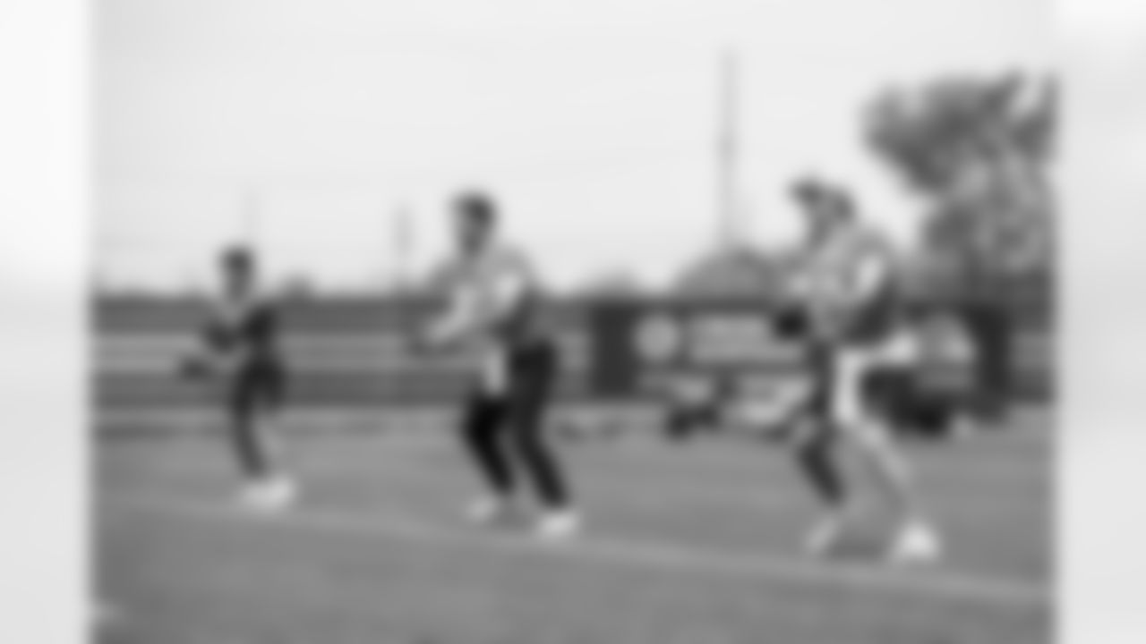 Quarterback Kenny Pickett (8) during fieldwork in Phase II of the offseason at CrossCountry Mortgage Campus on May 12, 2025.