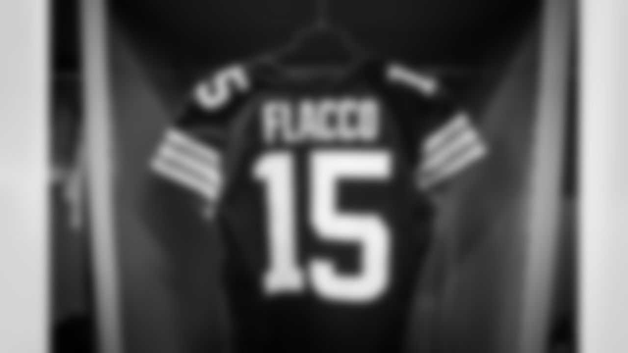 Quarterback Joe Flacco's jersey before a NFL football game between the Cleveland Browns and Los Angeles Rams on December 3, 2023 at SoFi Stadium. The Browns lost 19-36.