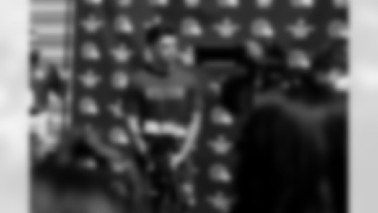 Quarterback Dillon Gabriel (5) speaks to the media on the second day of Rookie Minicamp at CrossCountry Mortgage Campus on May 10, 2025.
