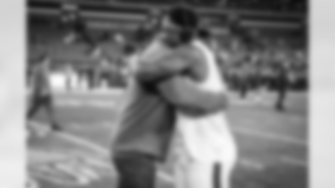 Joe Thomas and Defensive end Myles Garrett (95) before a NFL football game between the New York Jets and Cleveland Browns on Thursday Night Football on December 28, 2023 at Cleveland Browns Stadium.