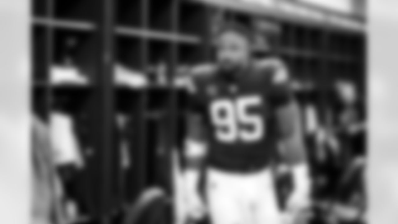 Defensive end Myles Garrett (95) before a NFL football game between the Buffalo Bills and Cleveland Browns on December 21, 2025 at Huntington Bank Field.