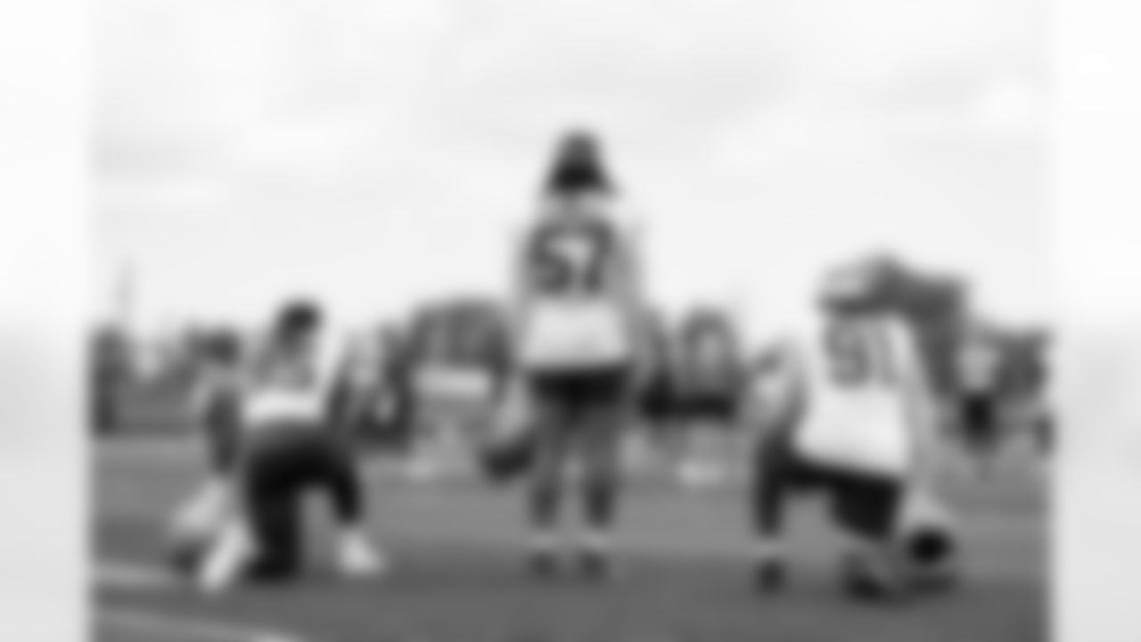 Defensive end Myles Garrett (95), Defensive end Isaiah McGuire (57) and Defensive end Alex Wright (91) during the first day of mandatory minicamp at CrossCountry Mortgage Campus on June 10, 2025.