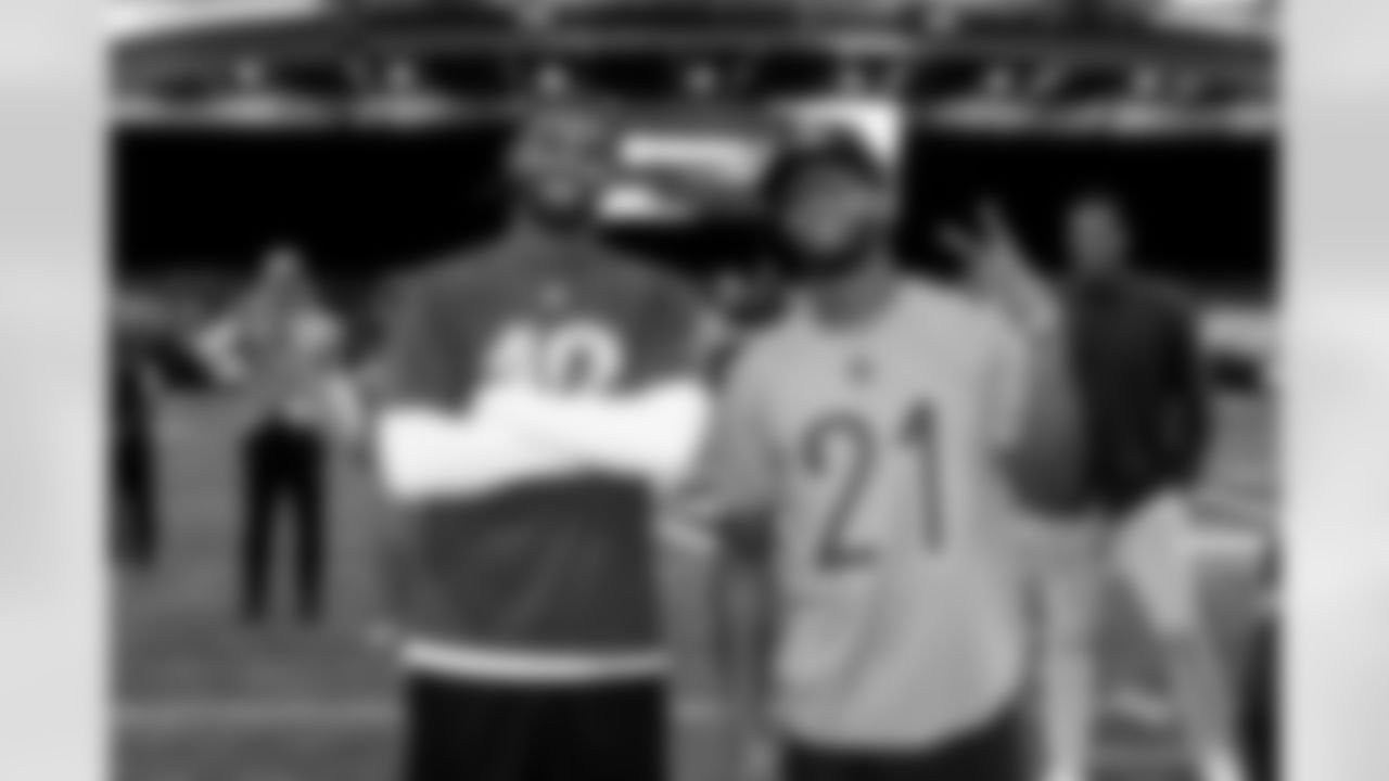 Quarterback Shedeur Sanders (12) and Cornerback Denzel Ward (21) during the first AFC Pro Bowl Practice at the Moscone Center in San Francisco on February 1, 2026.