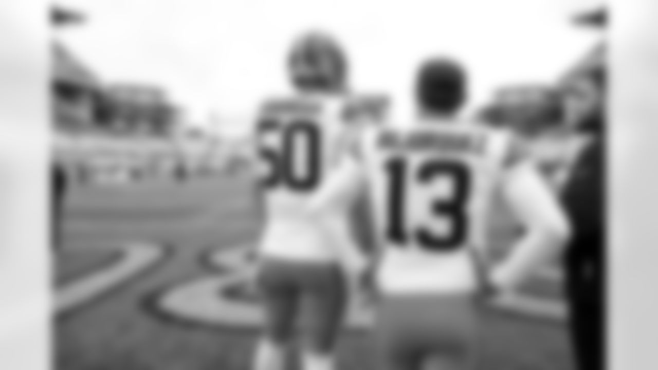 Long snapper Rex Sunahara (50) and Punter Corey Bojorquez (13) before a NFL football game between the Cleveland Browns and Pittsburgh Steelers on October 12, 2025 at Acrisure Stadium.