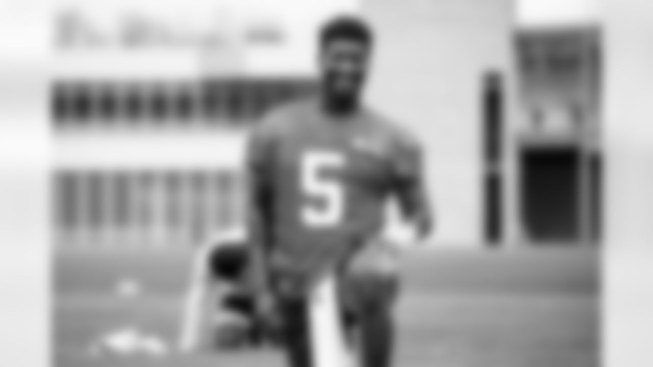 Quarterback Jameis Winston (5) during a workout in Phase II of the offseason at CrossCountry Mortgage Campus on April 30, 2024.