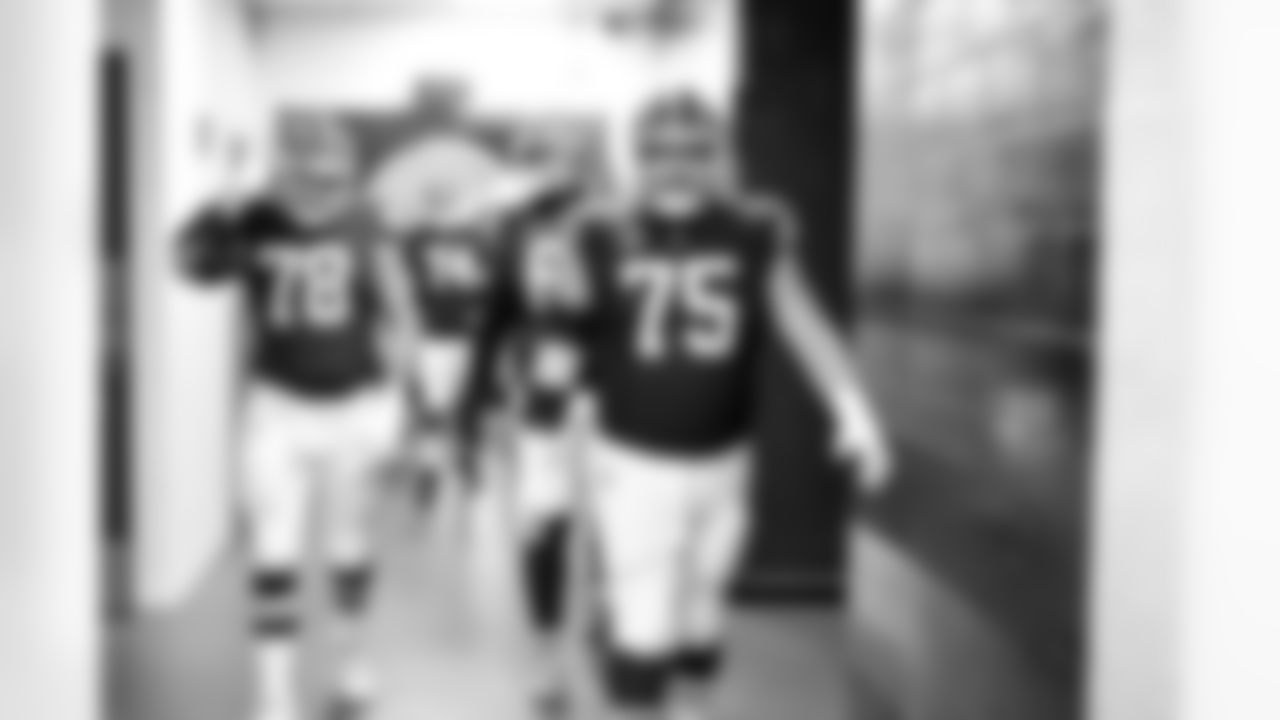 Offensive tackle Jack Conklin (78) and Offensive guard Joel Bitonio (75) before a NFL football game between the San Francisco 49ers and Cleveland Browns on November 30, 2025 at Huntington Bank Field.