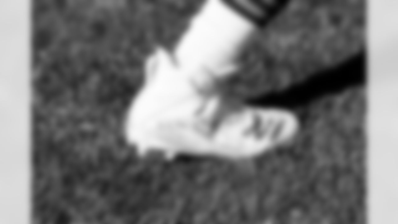 Defensive end Myles Garrett's cleats before a NFL football game between the Cleveland Browns and New England Patriots on October 26, 2025 at Gillette Stadium. The Browns lost 13-32.