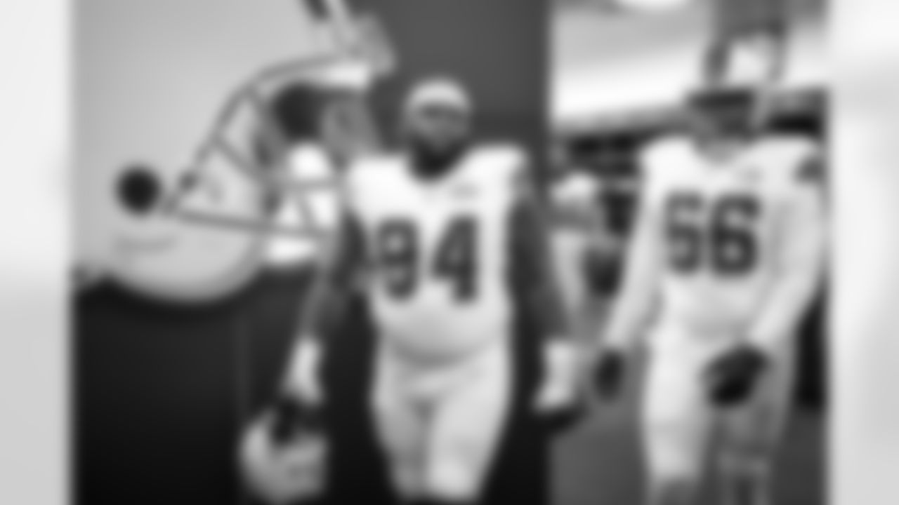Defensive tackle Dalvin Tomlinson (94) and Offensive tackle James Hudson III (66) before a NFL football game between the New York Jets and Cleveland Browns on Thursday Night Football on December 28, 2023 at Cleveland Browns Stadium.