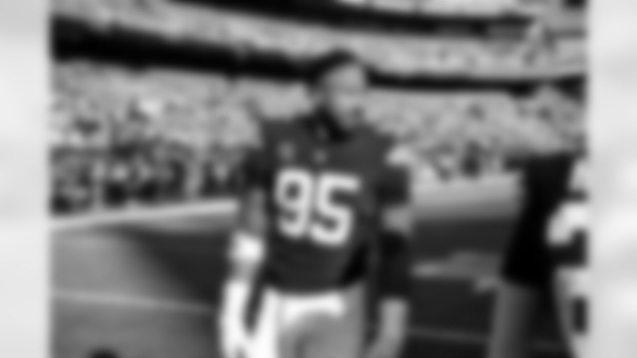 Defensive end Myles Garrett (95) before a NFL football game between the Buffalo Bills and Cleveland Browns on December 21, 2025 at Huntington Bank Field.