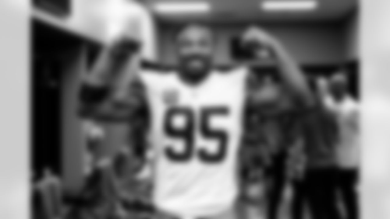 Defensive end Myles Garrett (95) after a NFL football game between the Cleveland Browns and Las Vegas Raiders on November 23, 2025 at Allegiant Stadium. The Browns won 24-10.