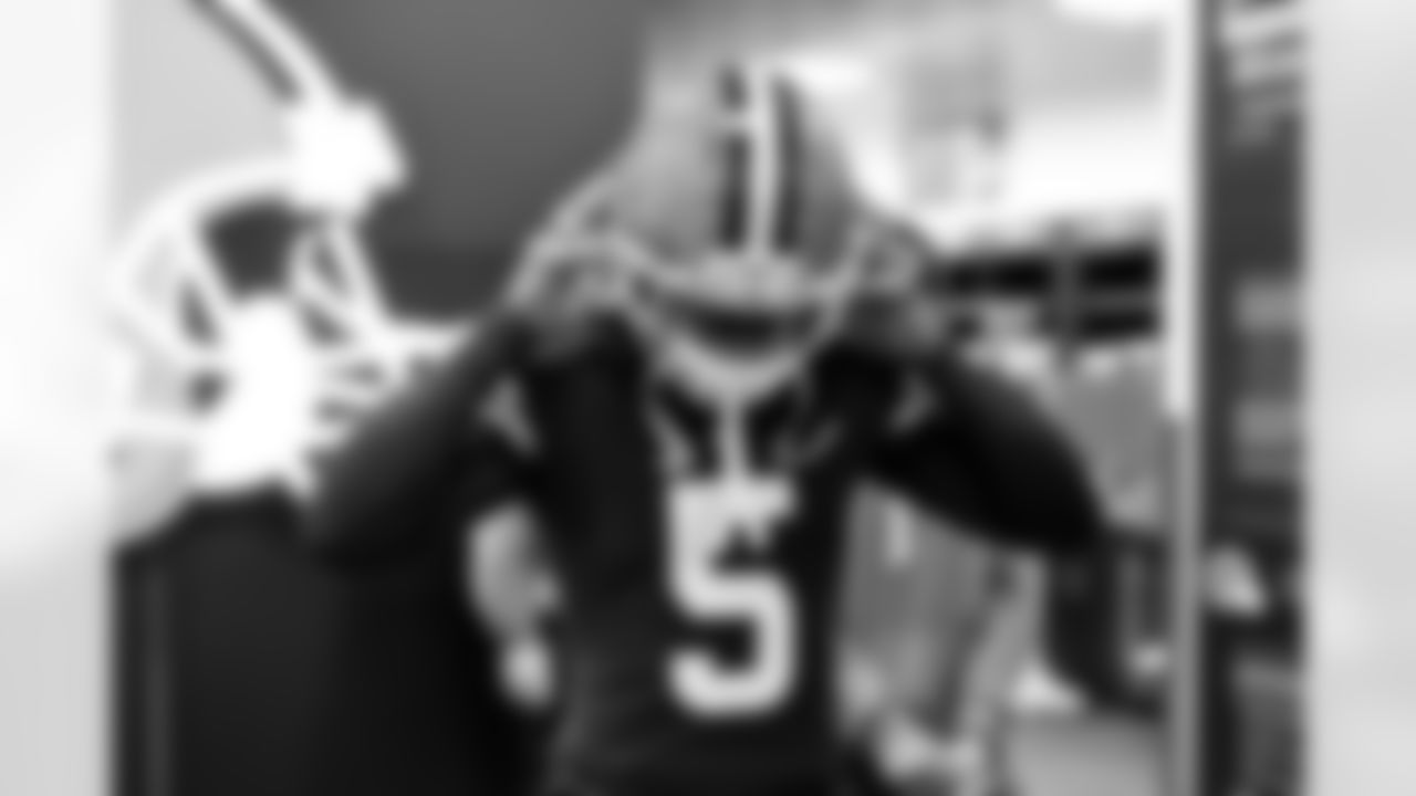 Safety Rayshawn Jenkins (5) before a NFL football game between the Baltimore Ravens and Cleveland Browns on November 16, 2025 at Huntington Bank Field.